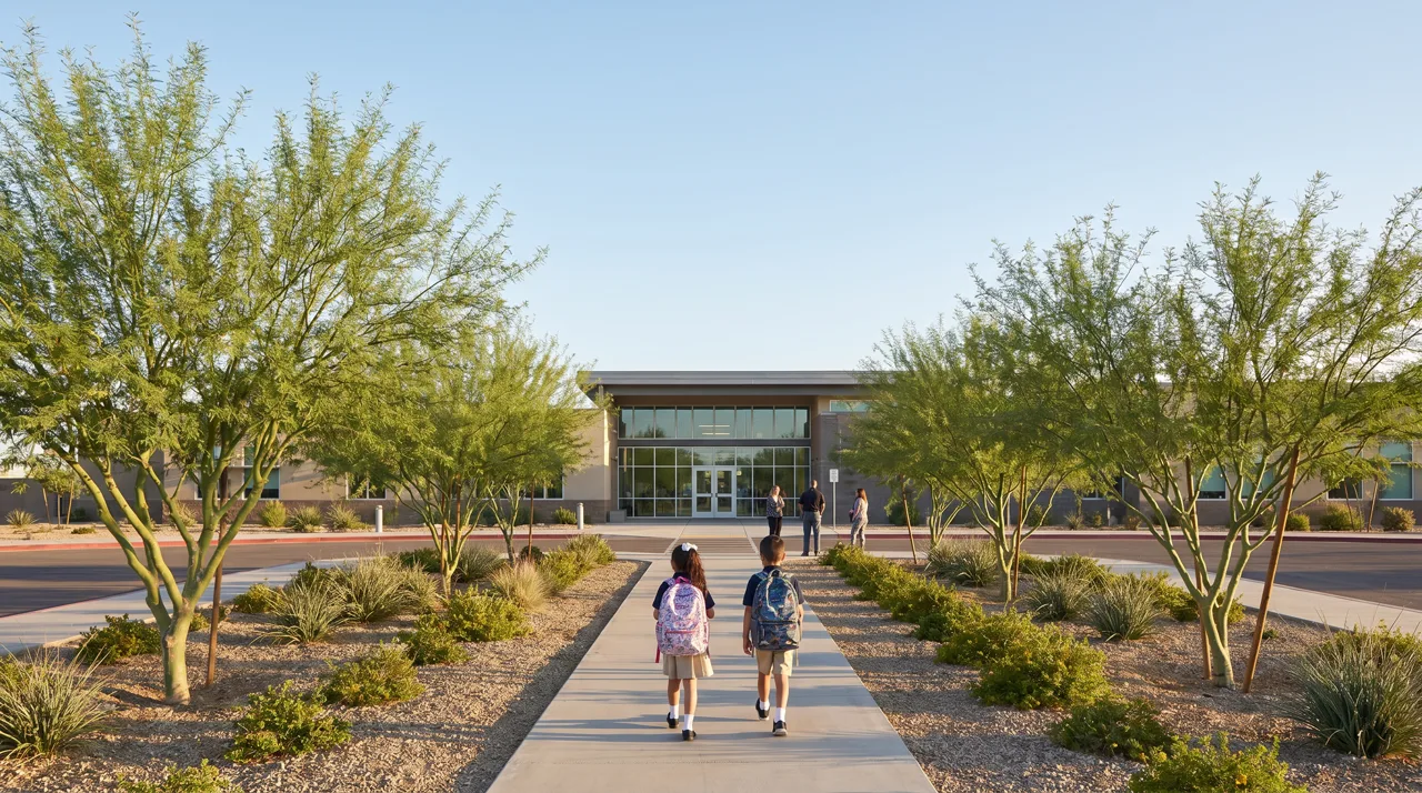 Elementary school children walking into a modern suburban school building as parents wave goodbye