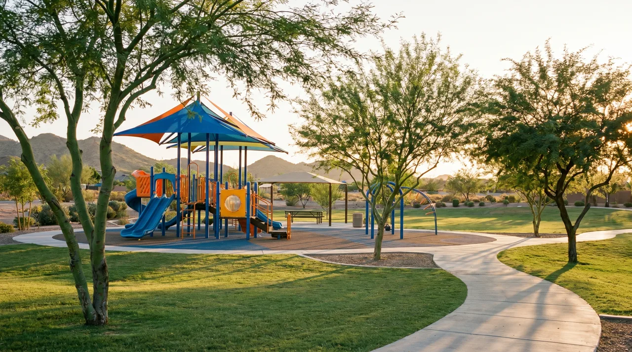 Family-friendly neighborhood park with playground and walking paths in a Las Vegas master-planned community