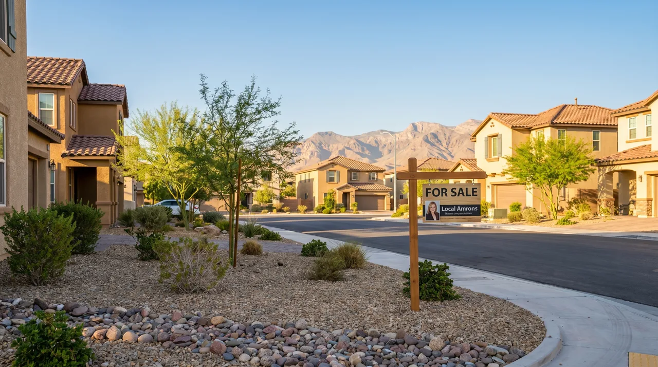 Suburban residential street with a for-sale sign and single-family homes in the background