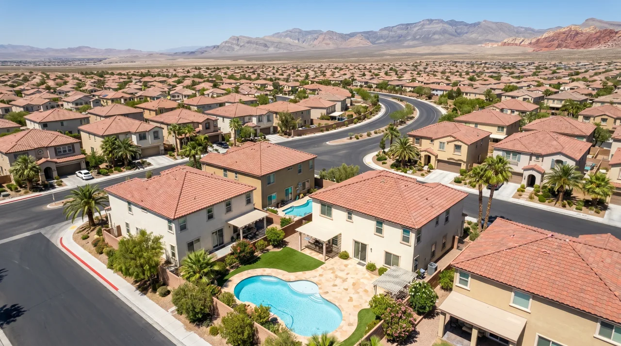 Aerial view of Summerlin neighborhood showing several backyard pools and red-tile-roof homes with desert mountains in the distance