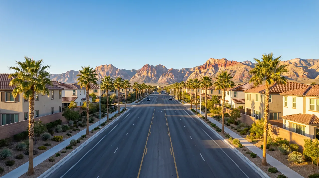 Aerial view of Summerlin master-planned community with Red Rock Canyon mountains in the background