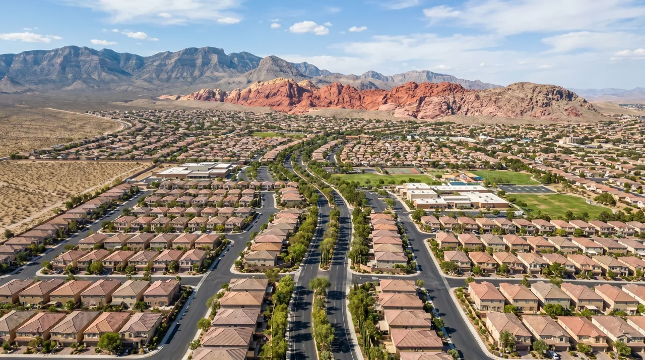 Aerial view of Summerlin master-planned community in Las Vegas with Red Rock Canyon in the background