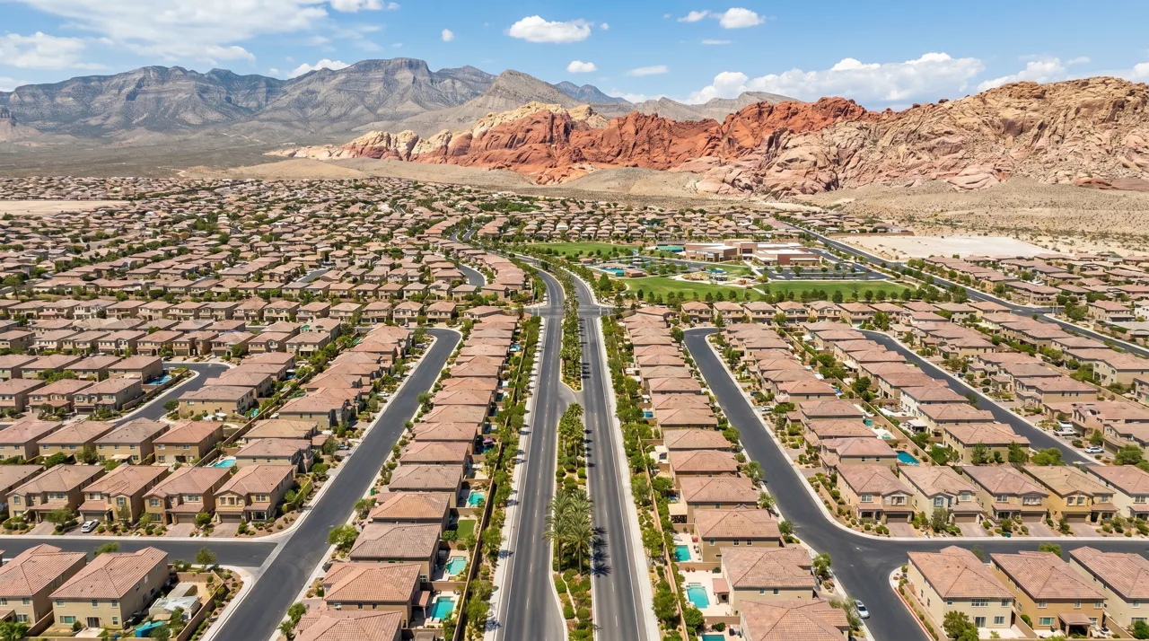 Aerial view of the Summerlin master-planned community in Las Vegas with Red Rock Canyon's sandstone cliffs in the background