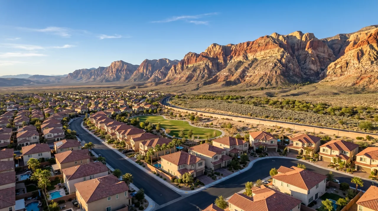 Aerial view of a Summerlin neighborhood with red-tile roofs and Red Rock Canyon in the distance