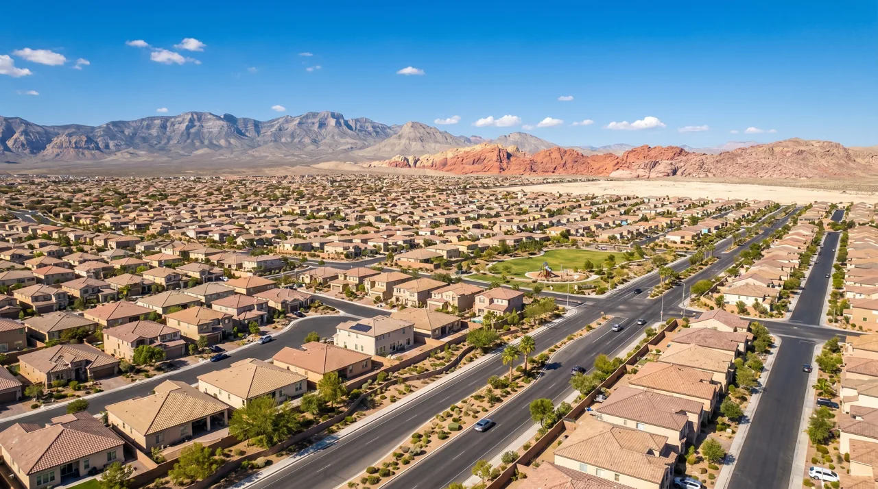 Aerial view of Summerlin master-planned community in Las Vegas with Red Rock Canyon in the background