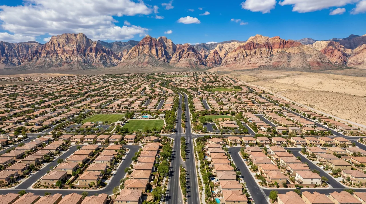 Aerial view of Summerlin master-planned community with Red Rock Canyon in the background