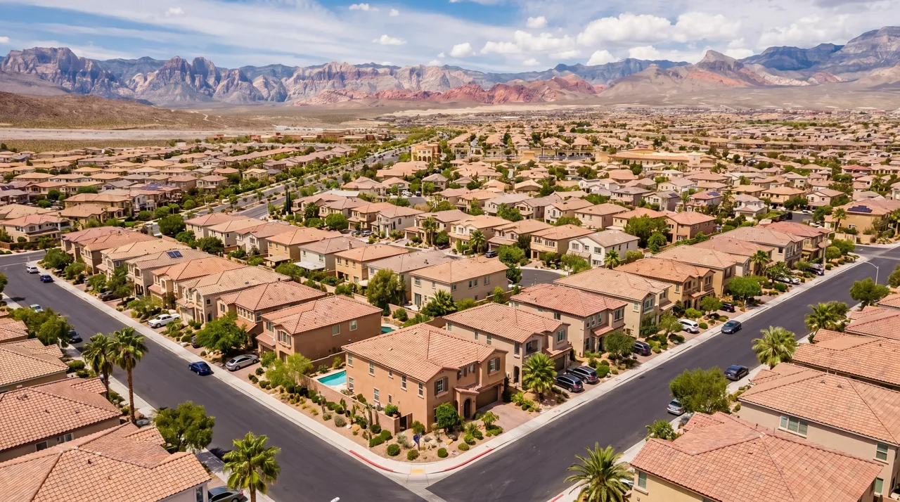 Aerial view of a Summerlin Las Vegas residential neighborhood with tile-roofed homes and mountains in the background