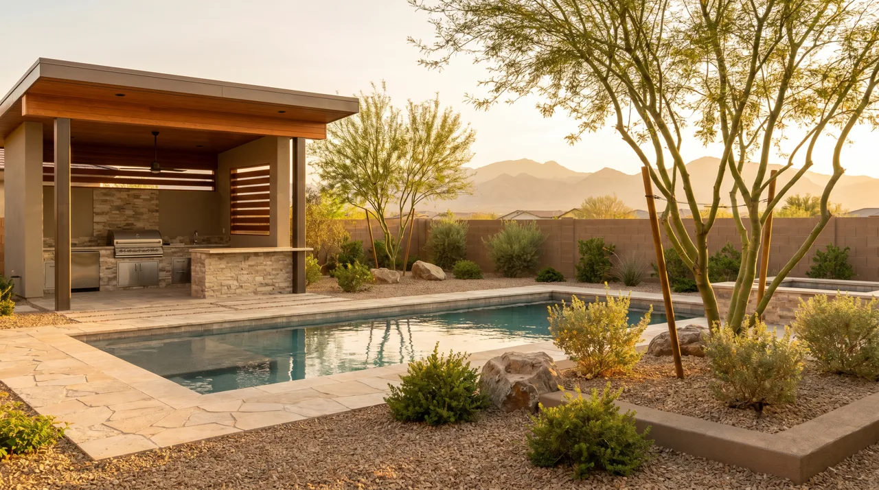 Modern backyard with rectangular pool, covered patio, and desert landscaping at a Las Vegas suburban home