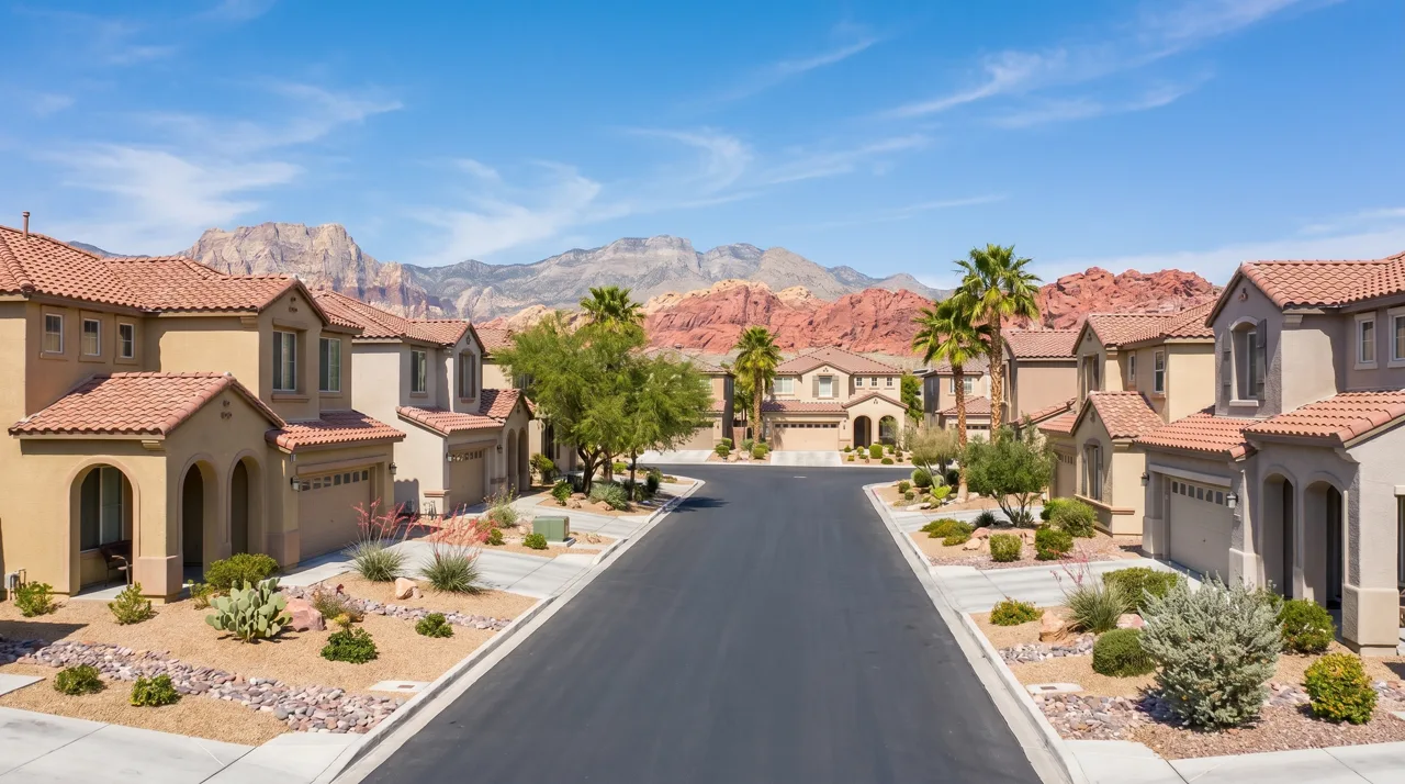 Summerlin residential neighborhood in Las Vegas with the red cliffs of Red Rock Canyon in the background