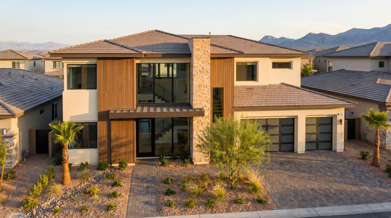 Modern single-family home with tile roof and desert landscaping in a Summerlin neighborhood in Las Vegas