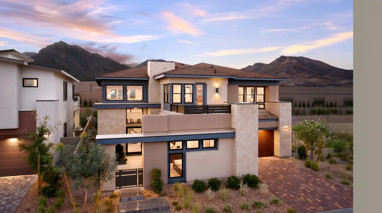 Modern single-family home in Summerlin with desert landscaping and mountain views in the background