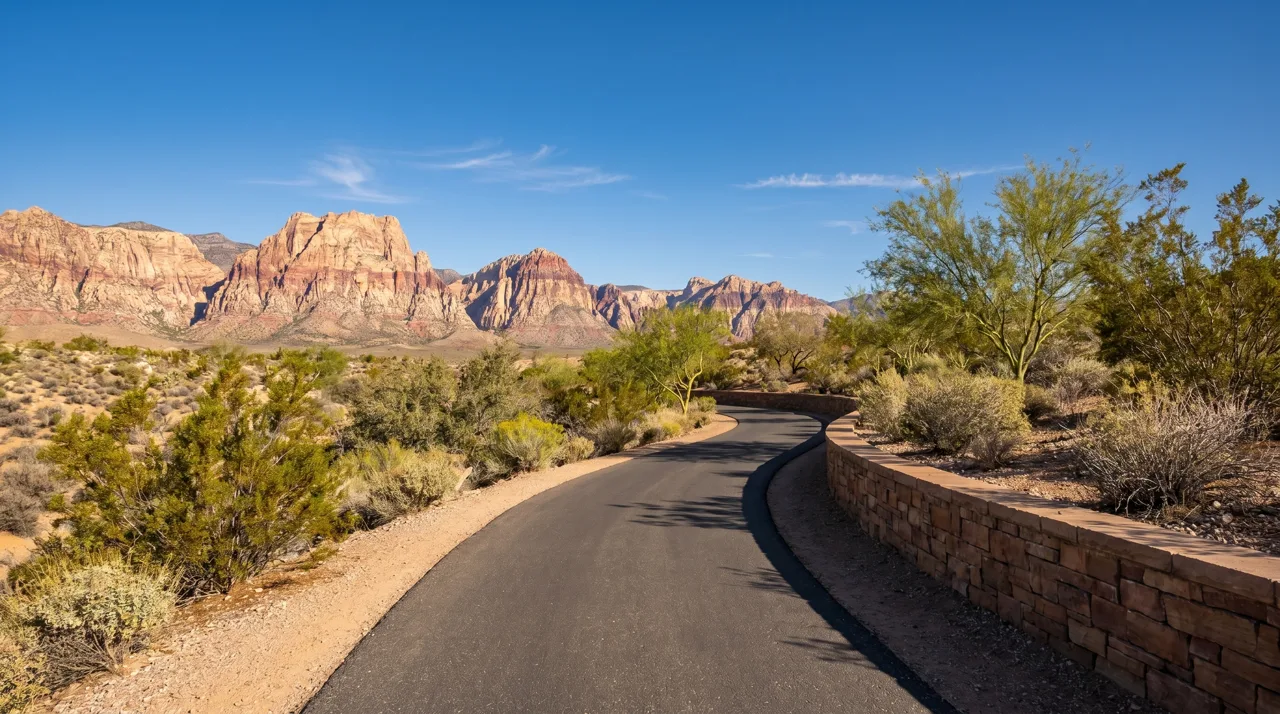 Paved walking trail winding through Summerlin with Red Rock Canyon cliffs in the background