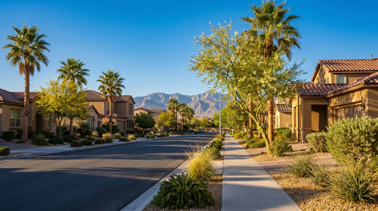 Tree-lined residential street in a Summerlin village with mature landscaping and mountain views in the distance
