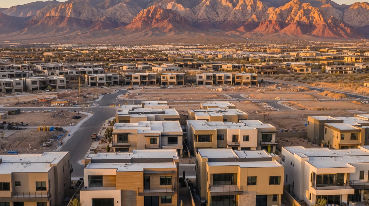 Summerlin West new construction neighborhood with rows of modern homes under construction and Red Rock Canyon in the distance