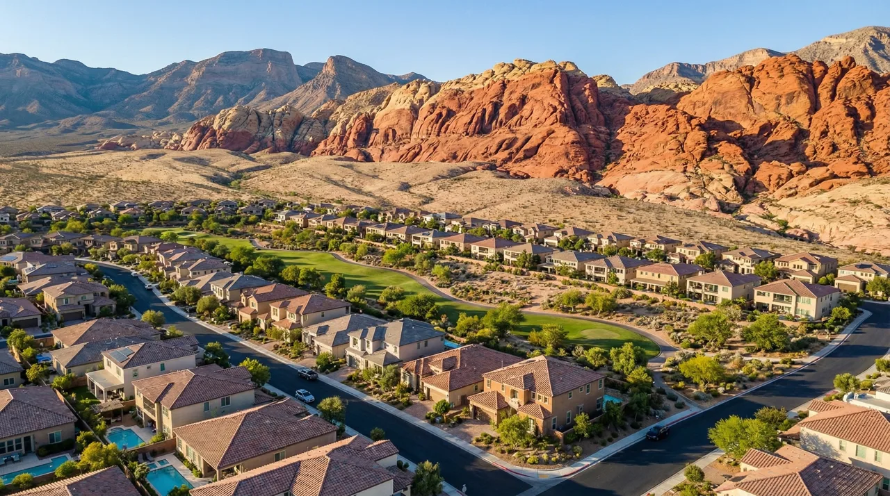 Aerial view of Summerlin western villages and master-planned community with Red Rock Canyon mountains in the background