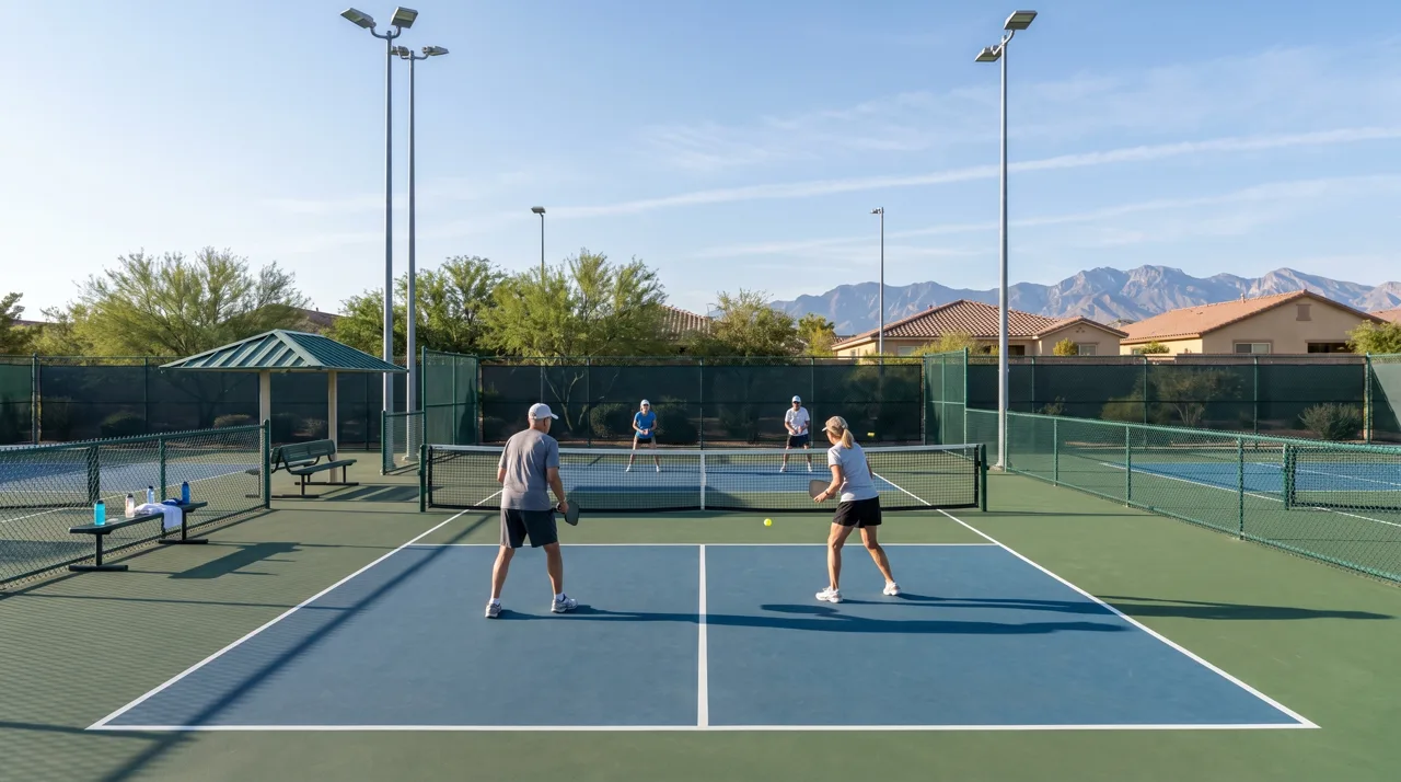 Outdoor pickleball courts at Sun City Aliante community in North Las Vegas with players in early morning light