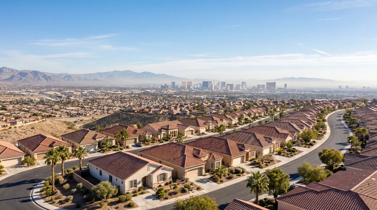 Sun City Anthem hillside neighborhood in Henderson with Las Vegas Strip visible in the distance