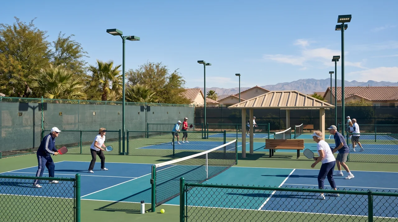 Pickleball courts at Sun City Anthem Liberty Center in Henderson with players on multiple courts