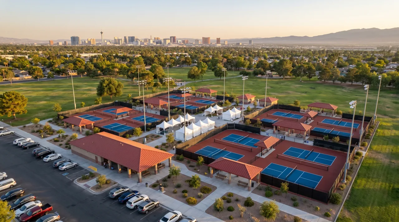 Aerial view of Sunset Park Premier Pickleball Complex in Las Vegas with multiple dedicated courts and desert mountains in the background
