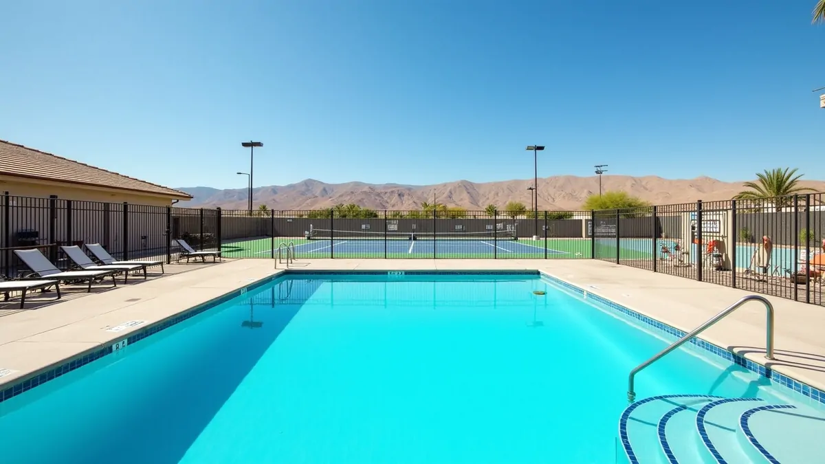 Swimming pool and tennis court in Las Vegas desert, clear afternoon sky