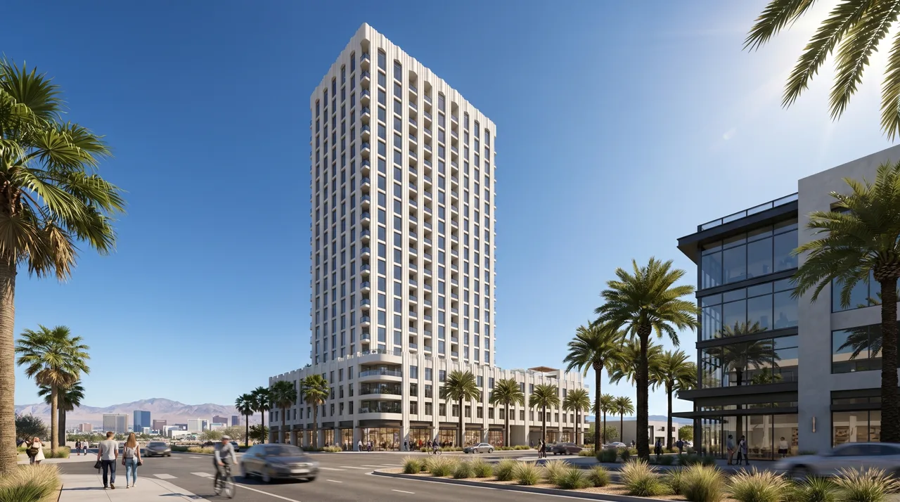 View of the Symphony Park district in downtown Las Vegas with The Smith Center and new high-rise development