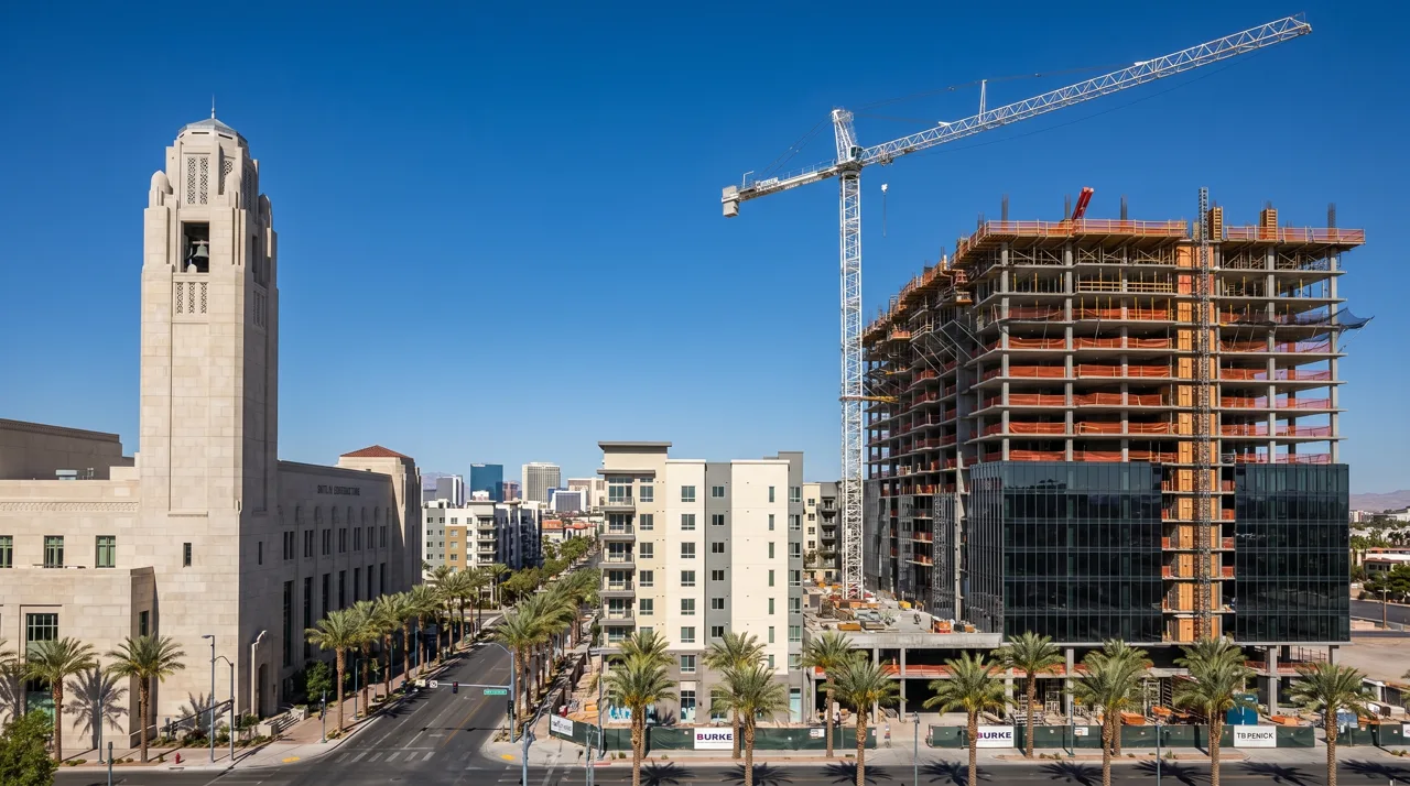 Symphony Park development district in downtown Las Vegas with the Smith Center for the Performing Arts and construction cranes