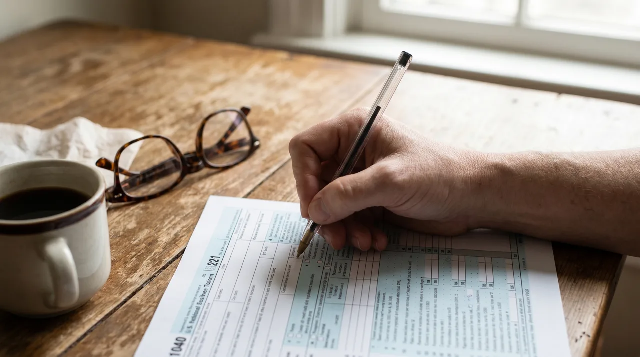 Close-up of a hand filling out a paper tax form on a kitchen table next to a coffee mug