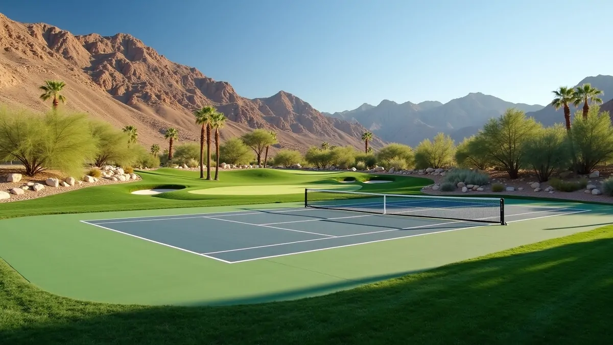 Tennis court beside a putting green in the Las Vegas desert under afternoon sunlight.