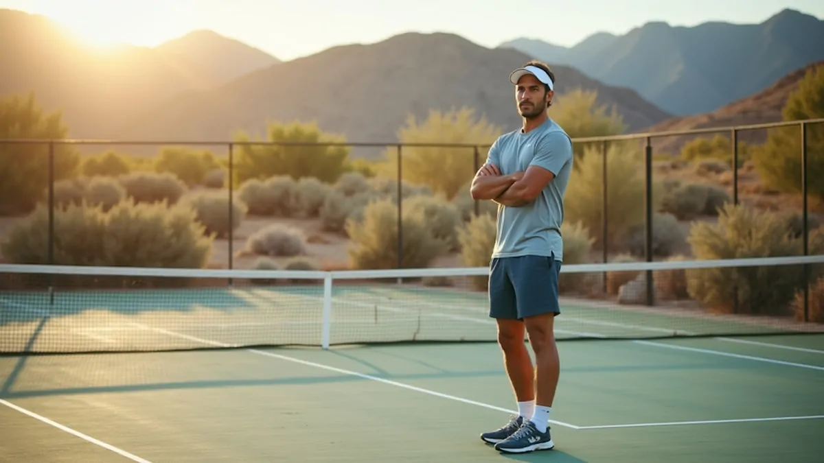Tennis player about to serve on a desert outdoor court, simple wide view