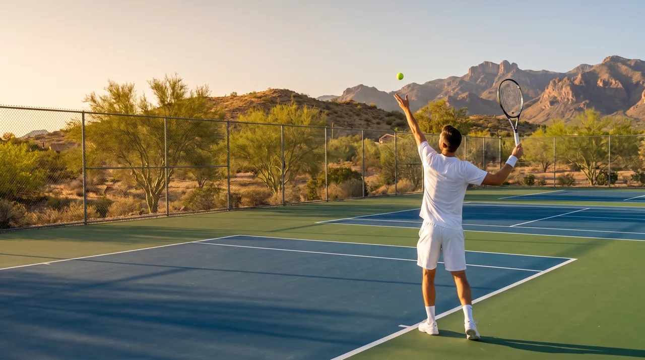 Tennis player preparing to serve on an outdoor hard court with desert mountains in the background near Summerlin Las Vegas