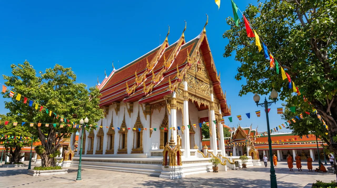 Thai Buddhist temple exterior with ornate gold decoration and prayer flags