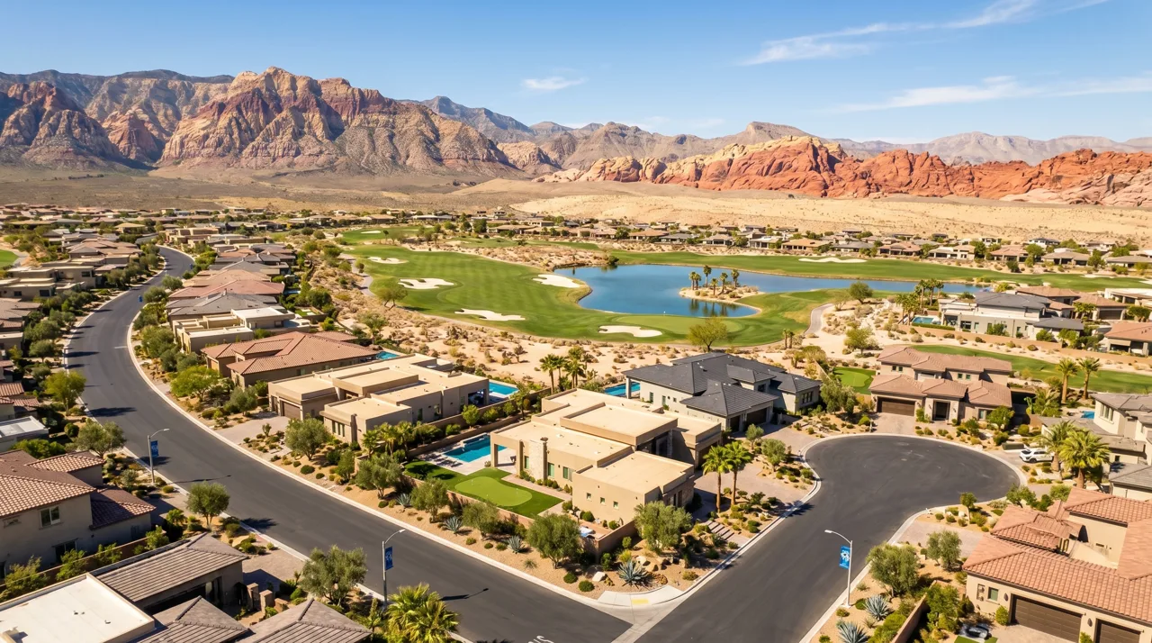 Aerial view of The Ridges guard-gated luxury community in Summerlin with Red Rock Canyon visible in the background