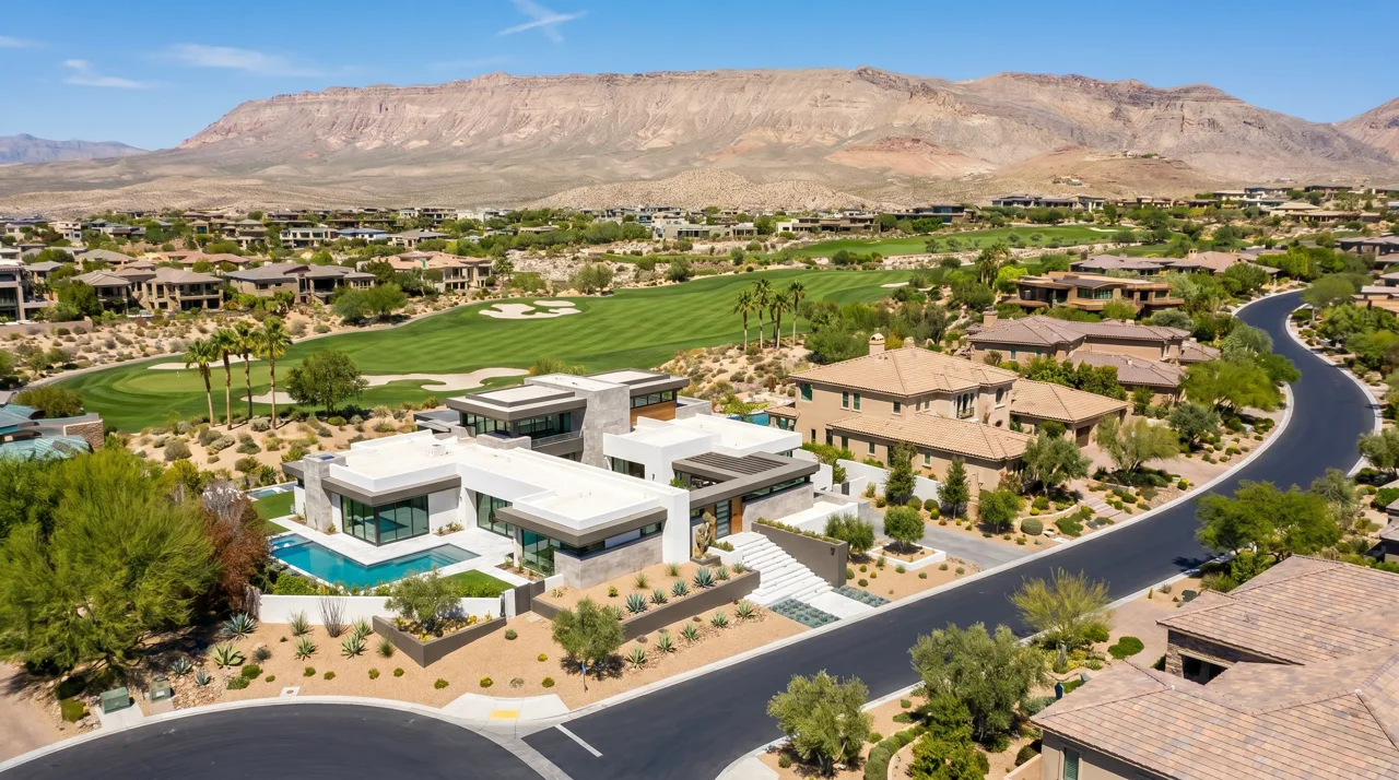 Aerial view of The Ridges luxury community in Summerlin with Red Rock Canyon in the background
