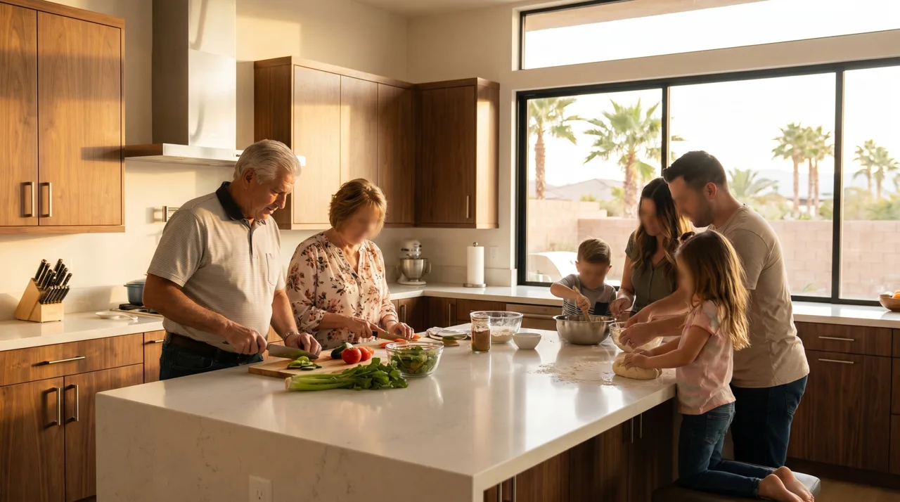 Three generations of a family gathered around the kitchen island of a modern Las Vegas home preparing a meal together