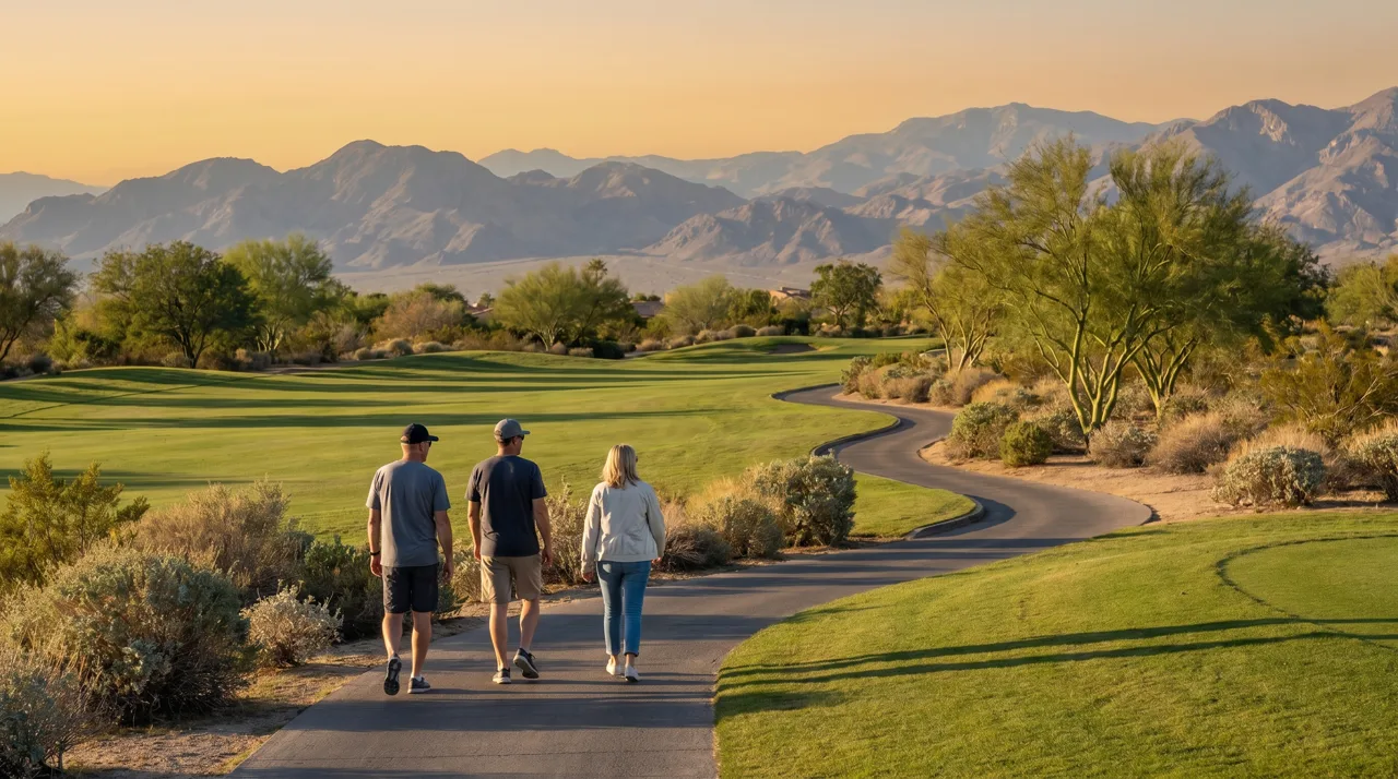Three people walking along a golf cart path on a desert golf course