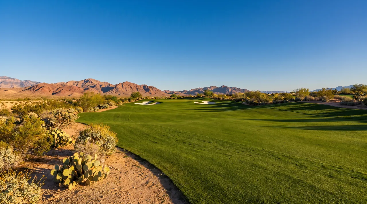 Empty manicured fairway on a Las Vegas desert golf course in warm afternoon light
