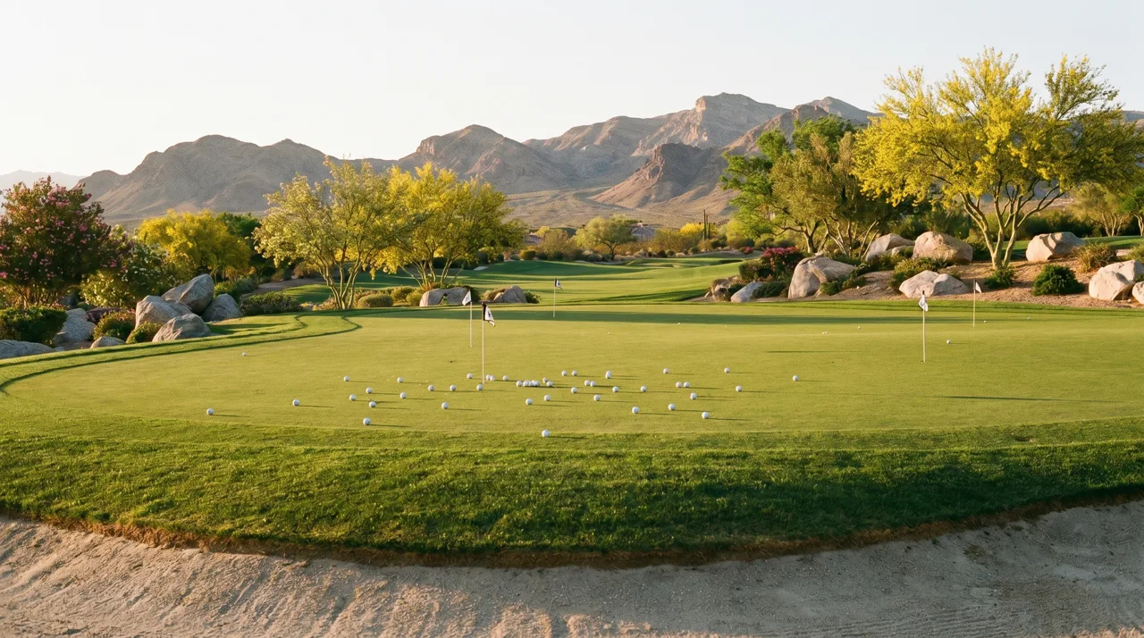 Golf practice putting green with scattered balls and desert backdrop in Las Vegas in warm afternoon light