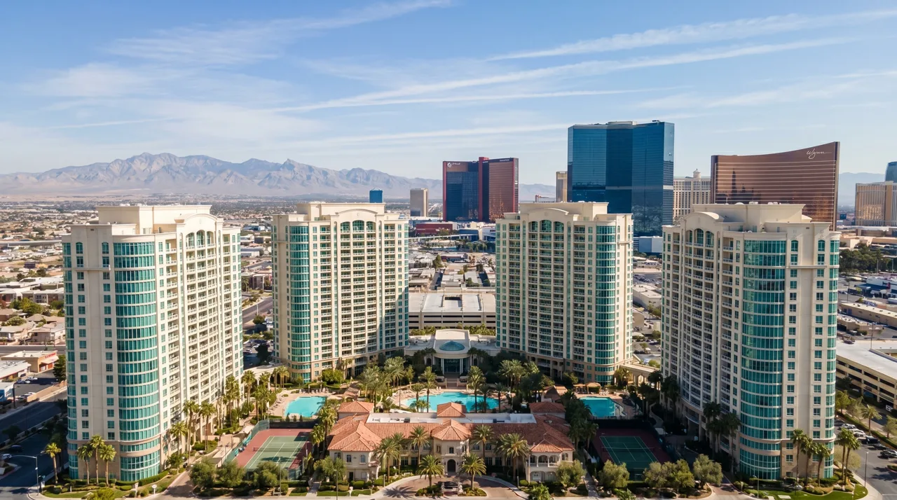 Turnberry Place luxury condo towers in Las Vegas with the Spring Mountains visible in the background