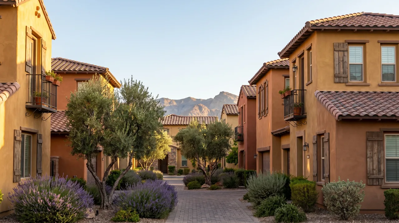 Cluster of Tuscan-style stucco homes with terracotta roofs along a narrow street in a Las Vegas desert community