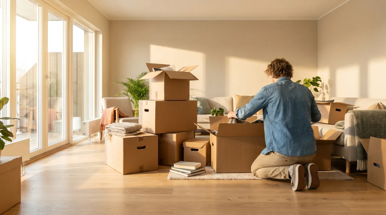 Stacked cardboard moving boxes in a sun-filled great room of a modern Las Vegas home with a person unpacking