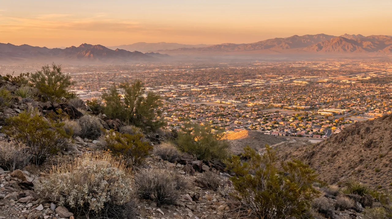 Panoramic view of the Las Vegas valley from an elevated hillside neighborhood at golden hour