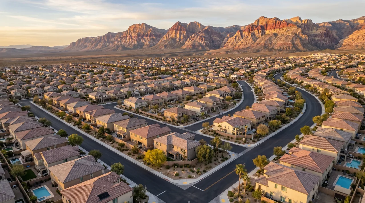 Aerial view of a Las Vegas master-planned community with mountain backdrop at golden hour