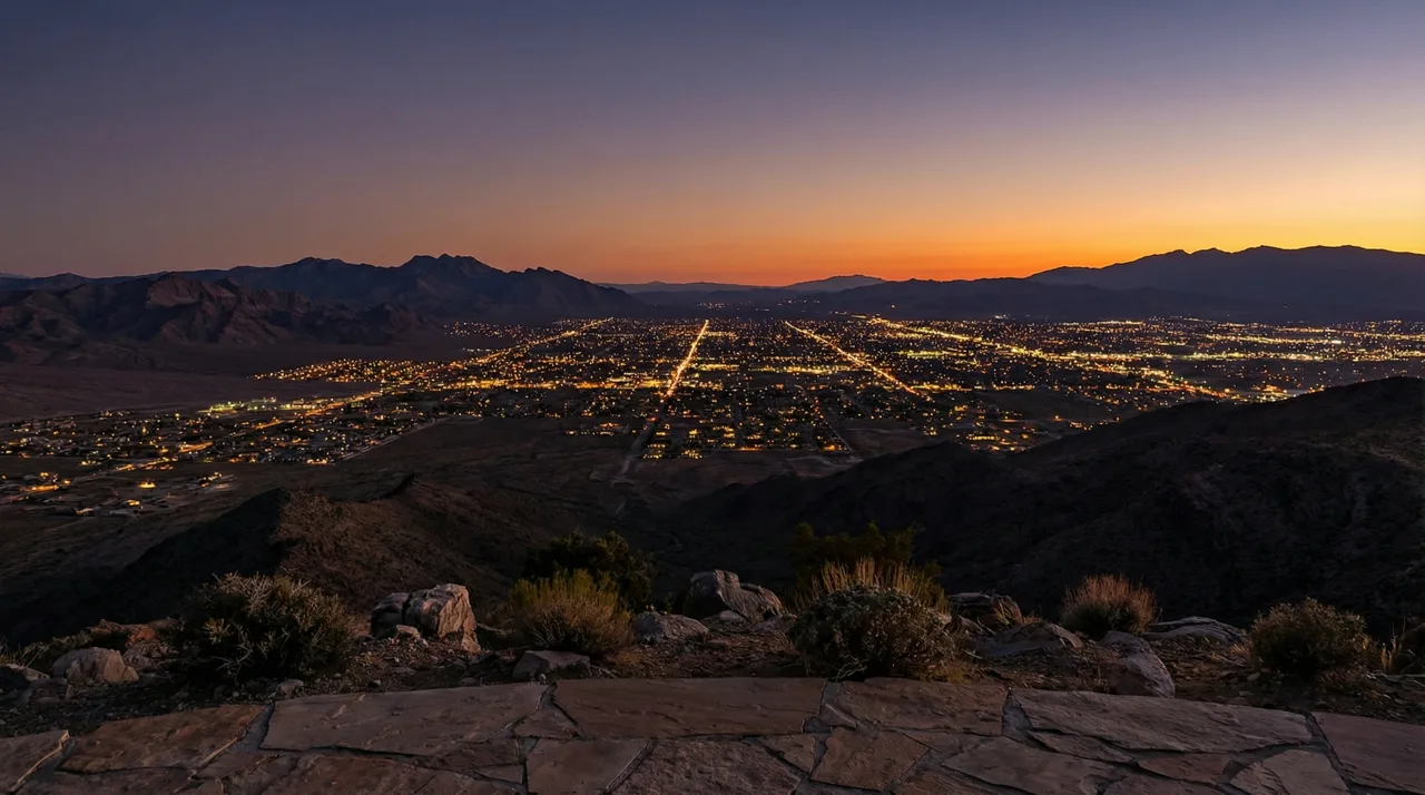 Panoramic twilight view of the Las Vegas valley city lights from a luxury home ridgeline