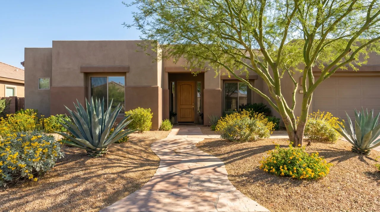 Desert xeriscaped front yard with decorative gravel, agave plants, palo verde tree, and a flagstone walkway leading to a Las Vegas home