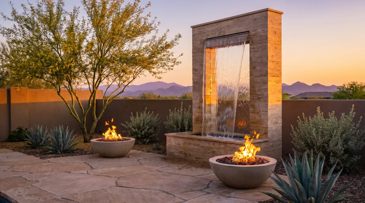 Contemporary Las Vegas desert backyard with a vertical sheet-water fountain on a stone wall, fire bowls, and drought-tolerant plantings