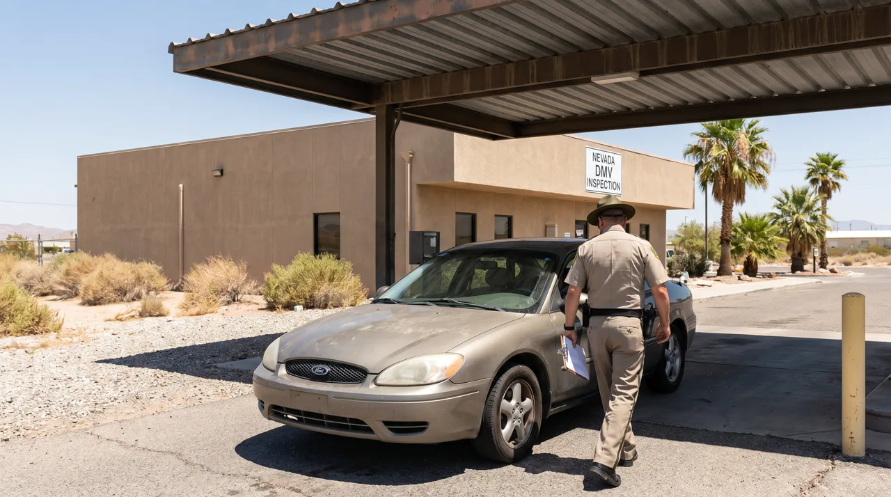 A sedan pulled into an outdoor vehicle inspection lane outside a government office building
