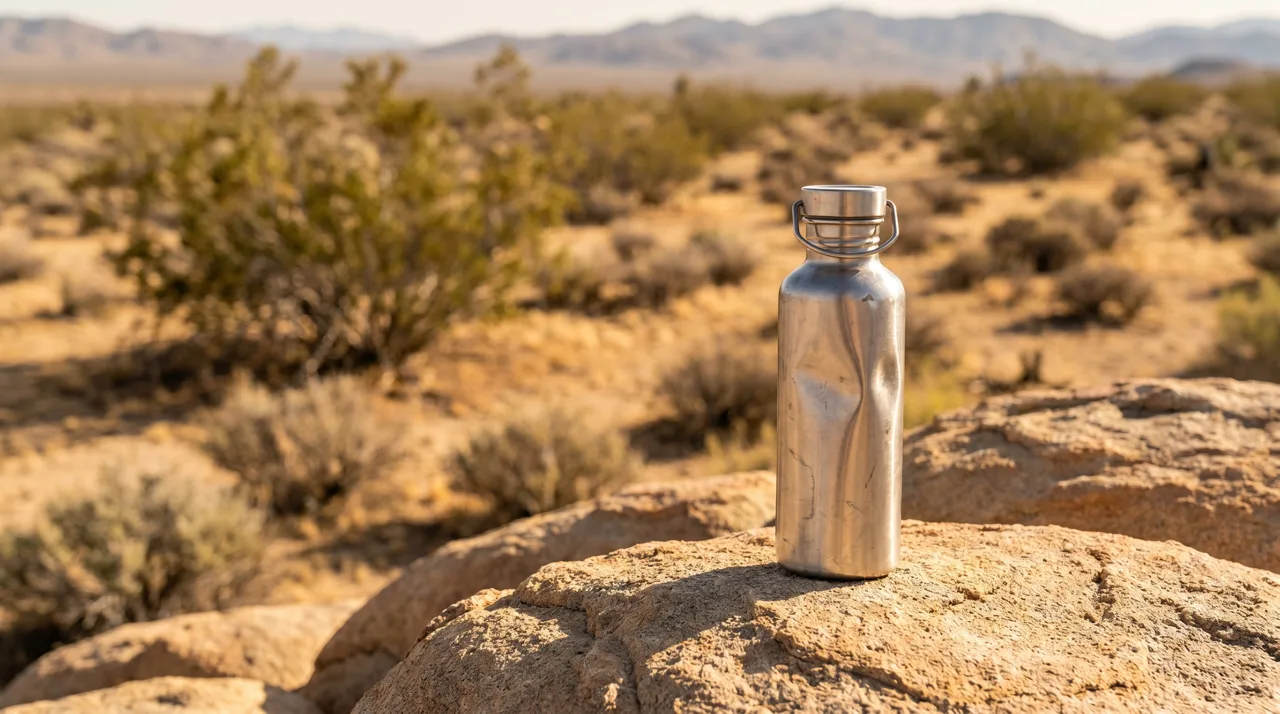 A stainless steel water bottle resting on a large sandstone rock in the Mojave Desert near Las Vegas