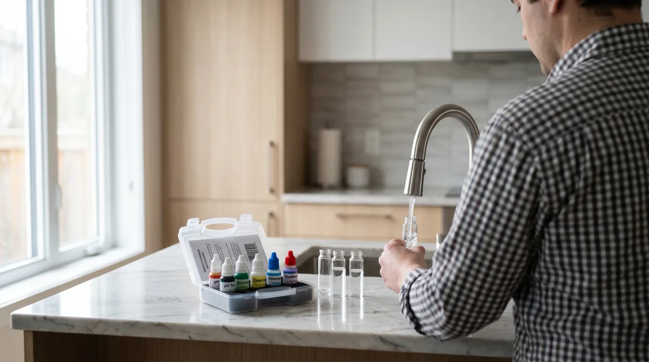 Water quality testing kit with lab vials on a counter as a homeowner samples water at a kitchen tap