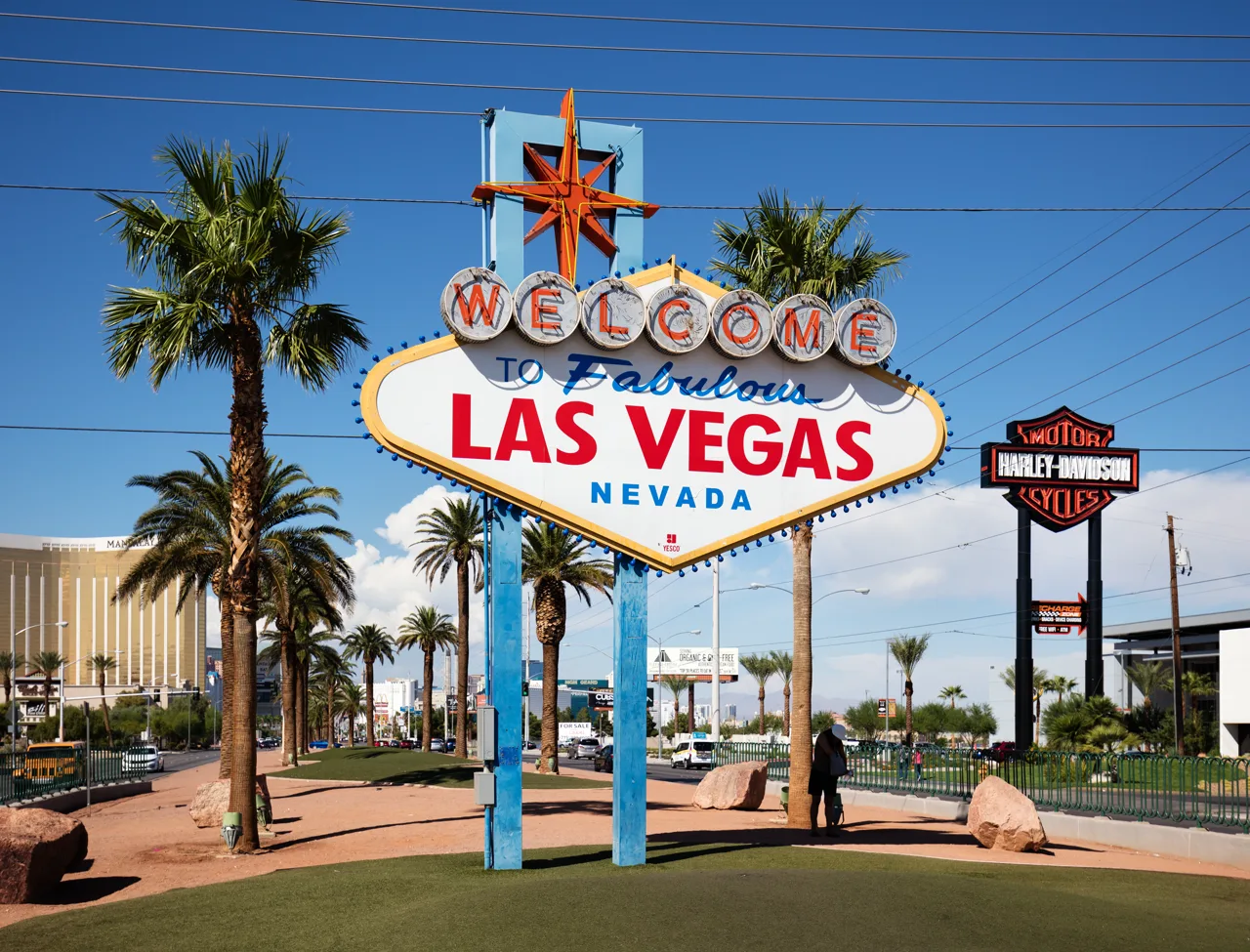 The iconic Welcome to Fabulous Las Vegas sign on a clear sunny day