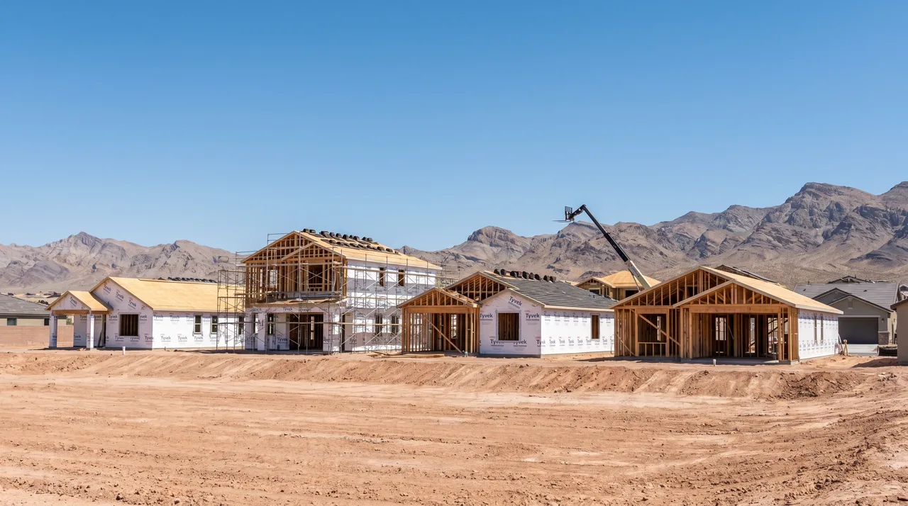 New-construction single-family homes mid-build in a Las Vegas suburb with desert mountains in the background